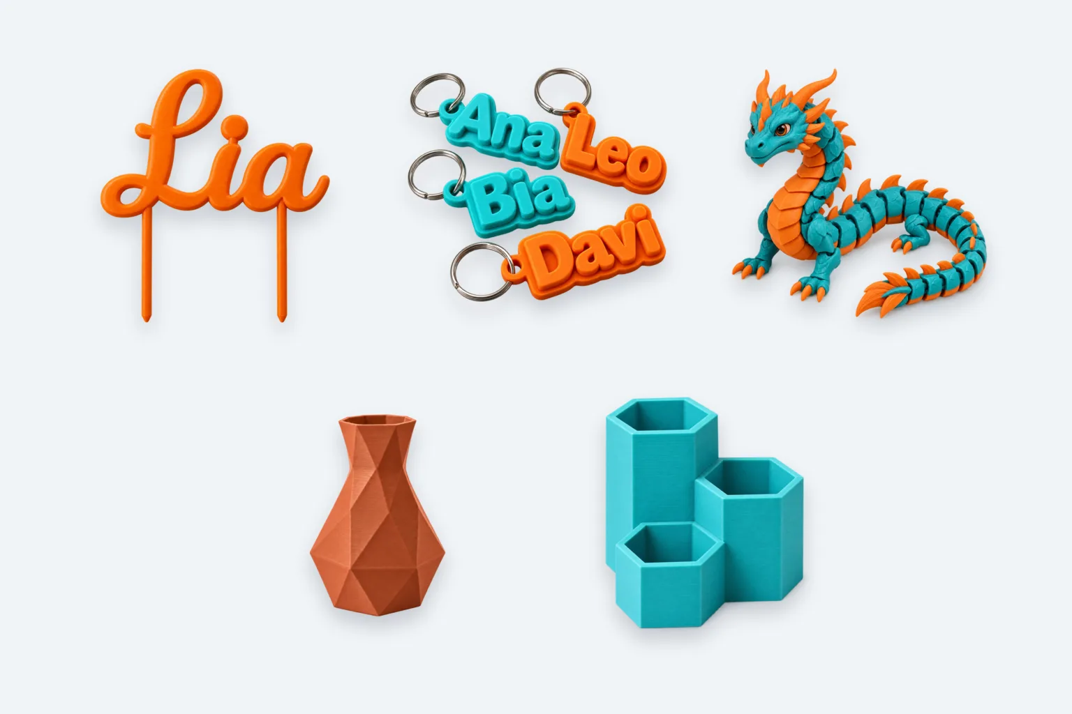 Uma peça de cada linha: topo de bolo Lia, chaveiros com nome, dragão articulado, vaso facetado e organizador de mesa