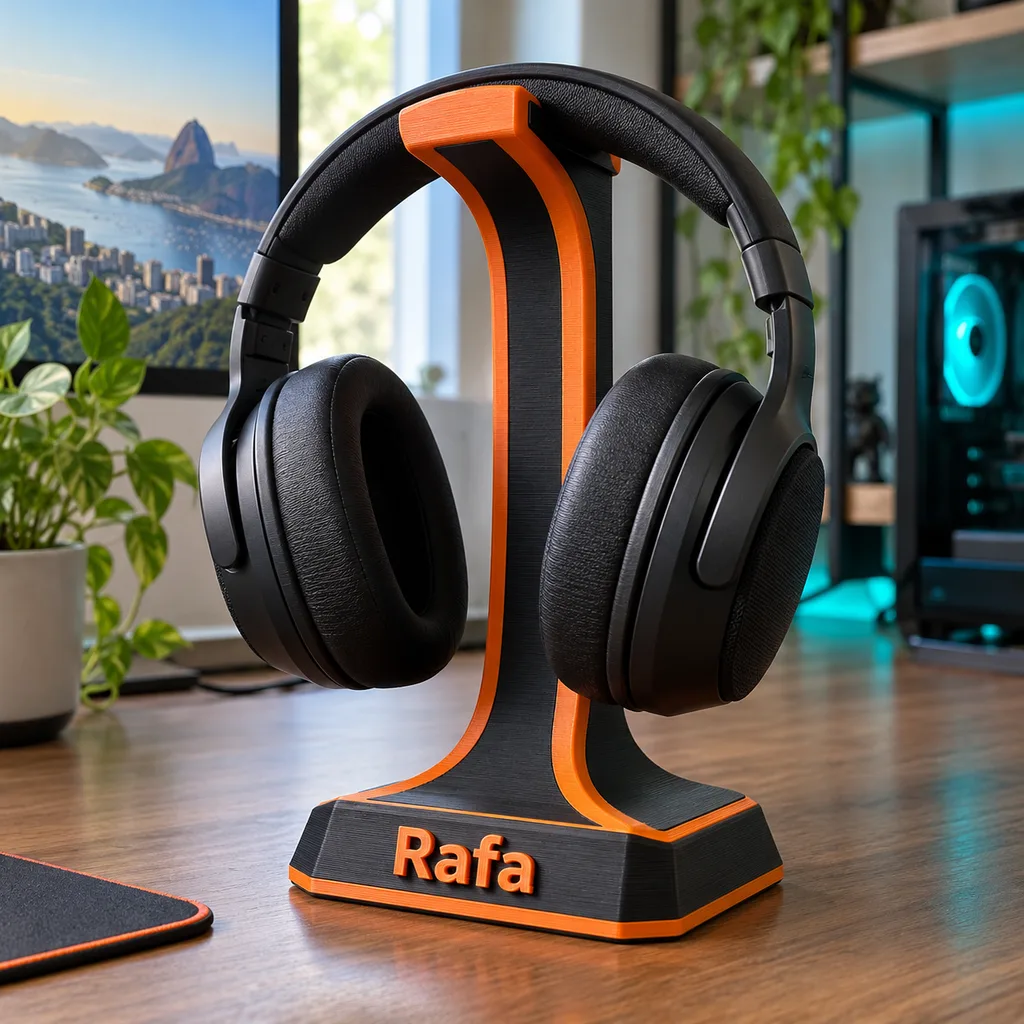 Suporte de fone preto e laranja com o nome Rafa na base, segurando um fone